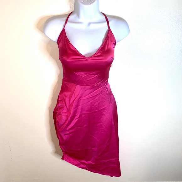 hot pink satin midi dress